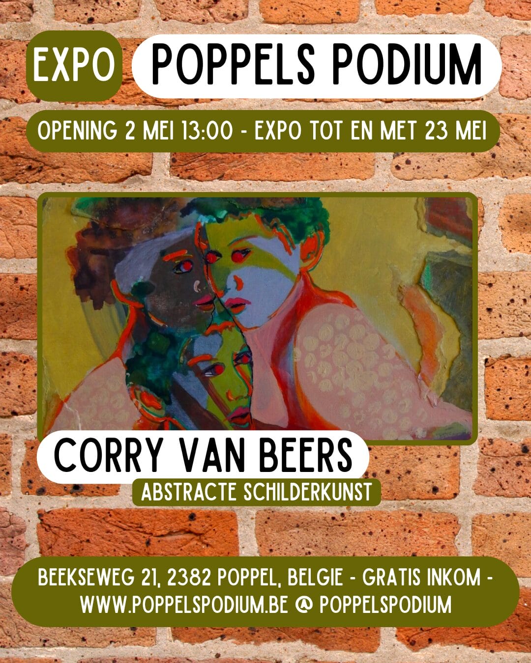 Affiche voor de kunsttentoonstelling „Poppels Podium“ met abstracte schilderijen van Corry van Beers; het evenement vindt plaats van 2 tot en met 23 mei in Poppel, België, en de toegang is gratis.