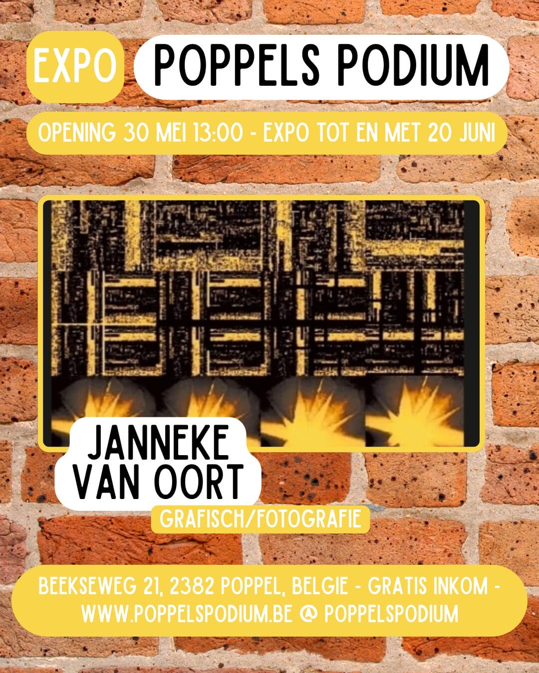 Evenementposter voor de tentoonstelling ‘Poppels Podium’ met werken van Janneke van Oort; bevat de data van het evenement, de locatie in Poppel (België) en informatie over de gratis toegang.