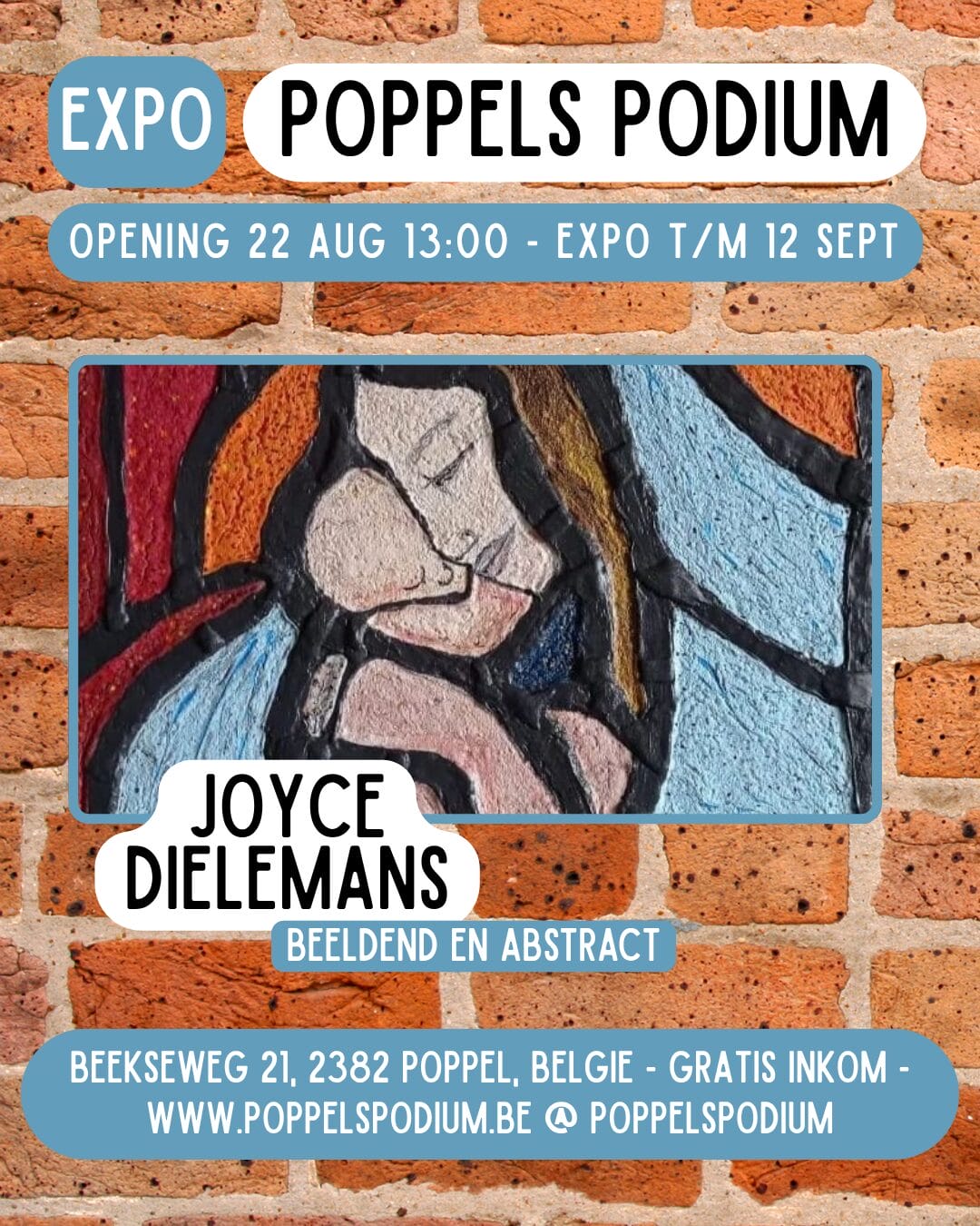 Affiche voor Expo Poppels Podium met abstracte kunst, informatie over het evenement, kunstenares Joyce Dielemans, de data 22 augustus tot en met 12 september en de locatie in Poppel, België.