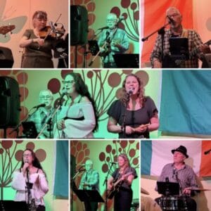 Een collage van zeven afbeeldingen laat muzikanten zien die op het podium staan met instrumenten en microfoons, voor kleurrijke muurkunst en een grote Ierse vlag.