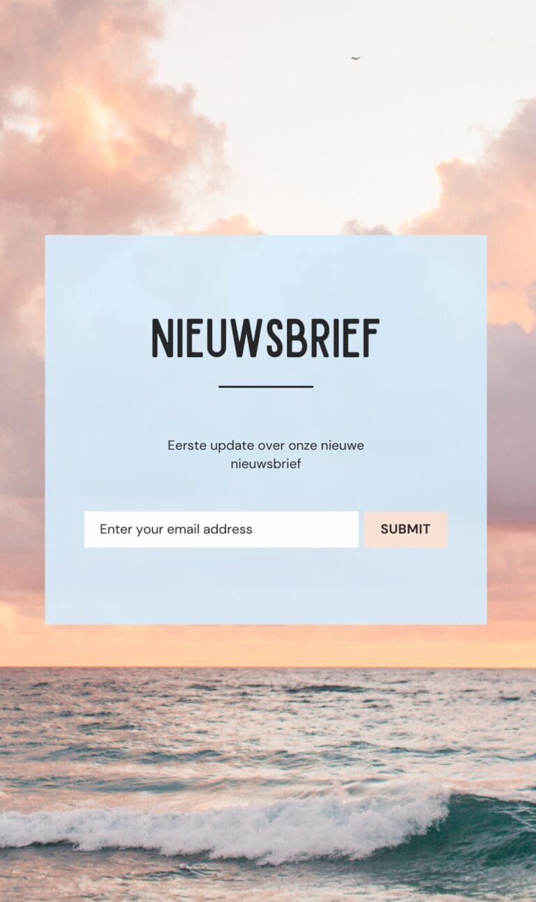 Een aanmeldformulier voor de nieuwsbrief in het Nederlands, weergegeven tegen de achtergrond van een zonsondergang boven de oceaan, met velden voor het e-mailadres en een verzendknop.
