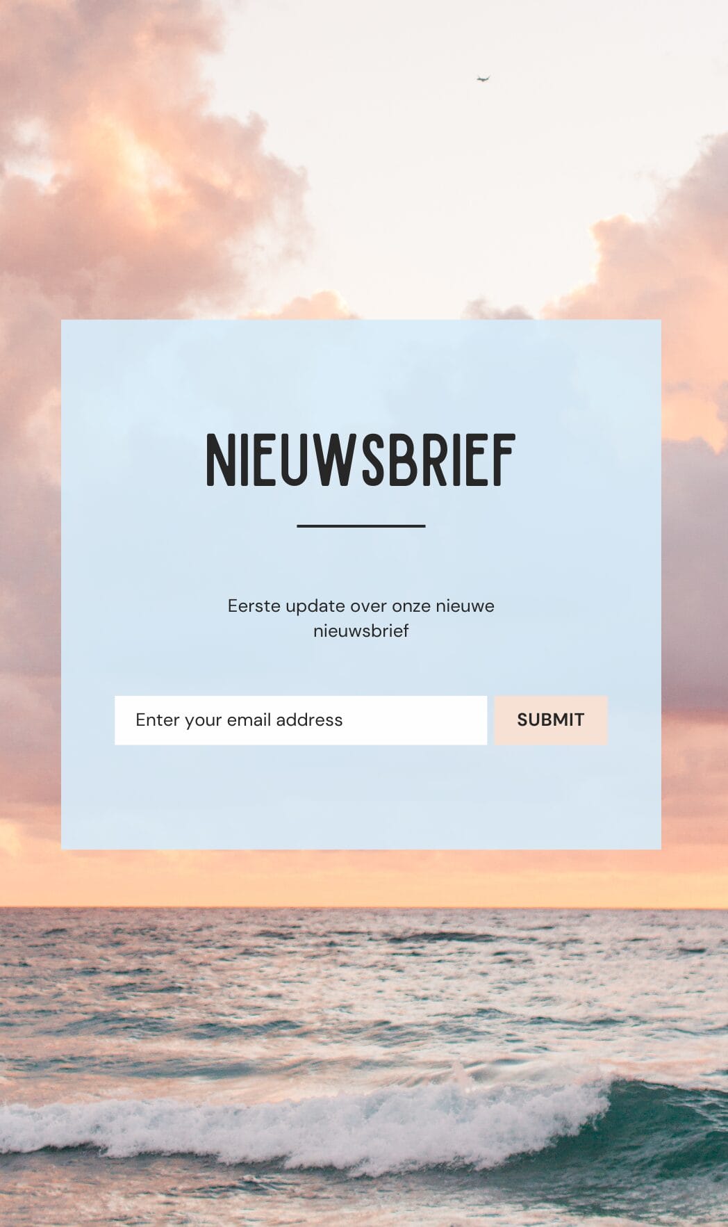 Een aanmeldformulier voor de nieuwsbrief in het Nederlands, weergegeven tegen de achtergrond van een zonsondergang boven de oceaan, met velden voor het e-mailadres en een verzendknop.